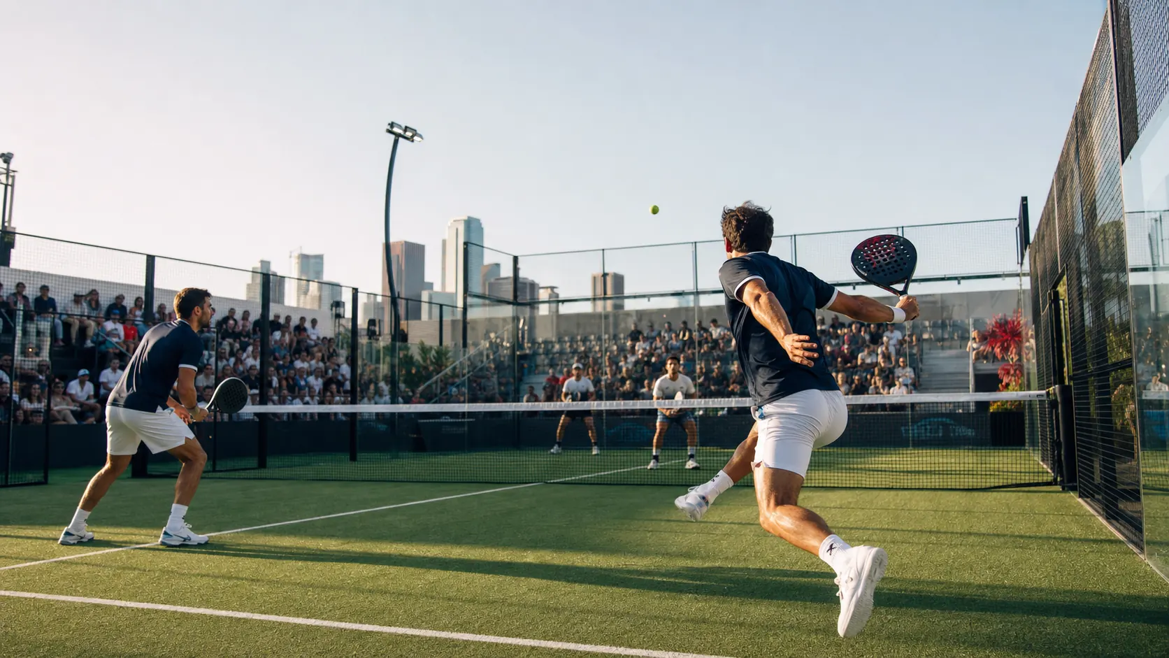Competitive padel doubles match on an enclosed outdoor padel court.
